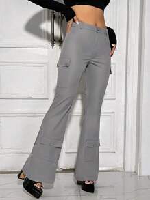 SHEIN ICON Flap Pocket Side Flare Leg Pants - Grey - View 4