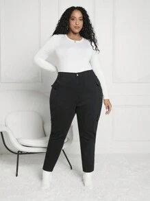 SHEIN CURVE+ Hơn Túi nắp bên cạnh Quần jean chở hàng - màu đen - Xem 5