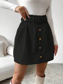 Pariaura Paperbag Waist Button Front Belted Skirt - Black - View 5