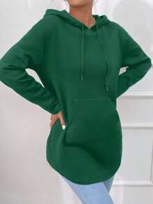 SHEIN Essnce 袋鼠口袋弧形下擺抽繩連帽衫 - 墨綠色 - 查看 3