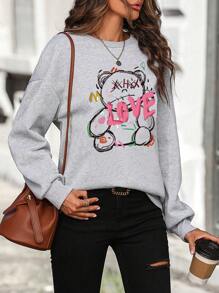 SHEIN LUNE Đồ họa chữ cái & Gấu Thả vai Áo nỉ - Màu Xám nhạt - Xem 7