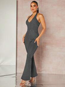 SHEIN BAE Open Back Flare Leg Halter Neck Denim Jumpsuit - Grey - View 8