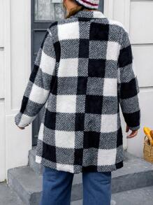 SHEIN EZwear Plus Buffalo Plaid Print Fuzzy Coat - Black and White - View 2