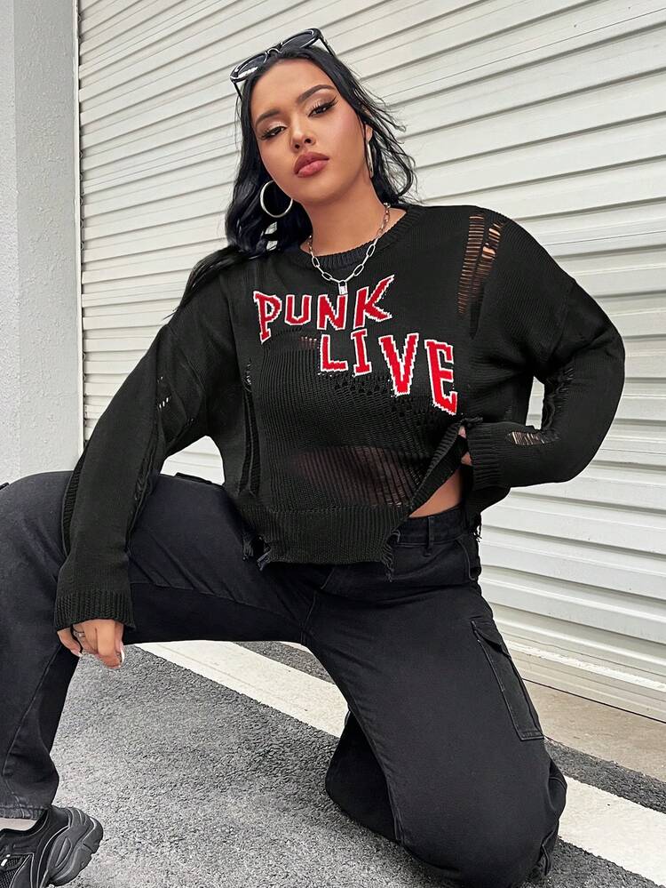 Plus Letter Pattern Drop Shoulder Distressed Sweater