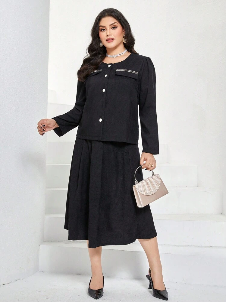 Plus Button Front Jacket & Skirt 2 Piece Set