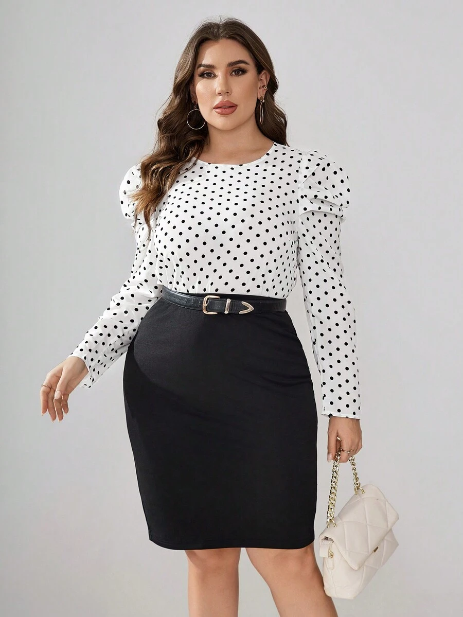 SHEIN Clasi Hơn In vết tròn Polka Tay áo Áo sơ mi - Đen và trắng - Xem 1