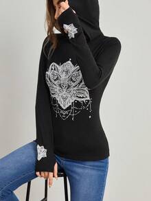 SHEIN Unity In hoa áo có mũ Áo thun - màu đen - Xem 3