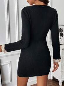 SHEIN Clasi Bảng điều khiển ren Guipure Váy len bó sát - màu đen - Xem 2