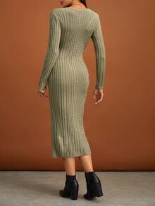 SHEIN Tall Solid Cable Knit Bodycon Sweater Dress - Army Green - View 2