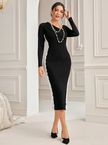 Modelyn Contrast Lace Split Hem Bodycon Sweater Dress Fall Cloth For Women - Black - View 5