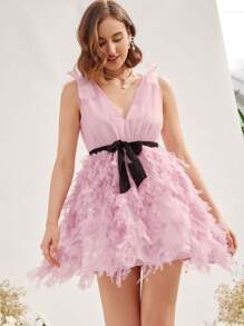 Enchnt Tie Shoulder Belted Fuzzy Trim Dress With Belt - Pink - View 5