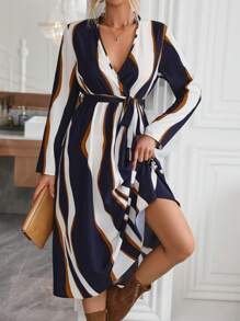 SHEIN Clasi Colorblock Belted A-Line Dress - Multicolor - View 3