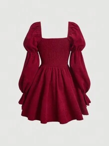 SHEIN MOD 方領喇叭袖燈芯絨洋裝 - 紅色 - 查看 2