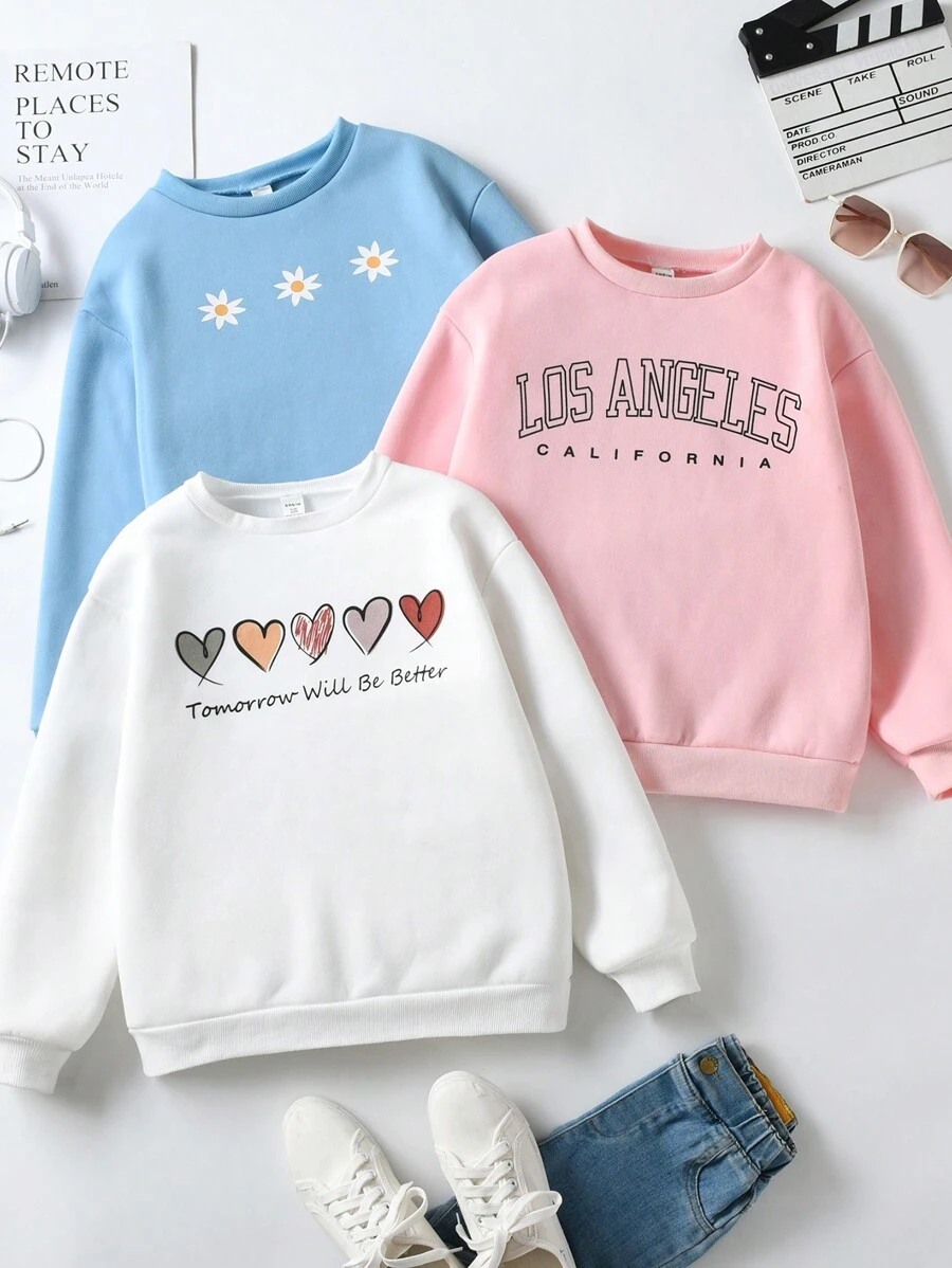 SHEIN 女大童3入組愛心和標語圖案加絨內裏運動衫 - 彩色 - 查看 1