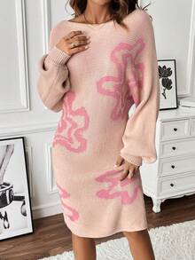 SHEIN LUNE Mô hình hoa tay cánh Đầm Áo len Không có thắt lưng - Hồng - Xem 5