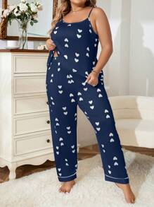 Plus Heart Print Contrast Piping PJ Set / Pajama Set - Royal Blue - View 5