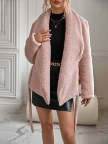 SHEIN Clasi 大翻領腰帶絨毛外套 - 淺粉色 - 查看 4