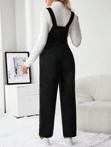 SHEIN 孕婦補丁貼口袋燈芯絨背帶連身褲不帶T恤 - 黑色 - 查看 2