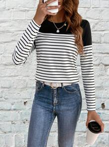 SHEIN LUNE 条纹印花拼色 T 恤 图案 T 恤 女式上衣 - 黑與白 - 查看 3