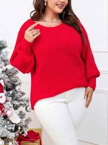 SHEIN LUNE 加大码蝙蝠袖罗纹针织套头衫秋冬毛衣 - 紅色 - 查看 5