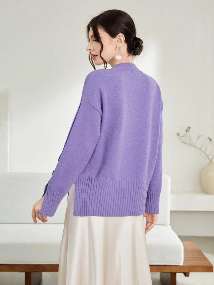Drop Shoulder Button Detail Split Cuff Knit Pullover Fall Winter Sweater