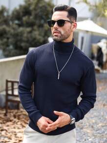 Manfinity Homme Nam Chất rắn Áo cao cổ Đồ đan Ribbed Áo len - Màu xám đen - Xem 3