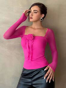 SHEIN Privé Cổ vuông Hoa âm thanh nổi Áo phông trơn - Màu Hồng Tươi - Xem 4