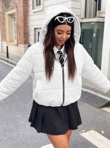 Flirla Plus Drop Shoulder Zipper Hooded Padded Padded Coat Clothes Winter - White - View 3