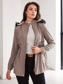 SHEIN Cottnline Drawstring Waist Fuzzy Trim Hooded Parka Coat - Mocha Brown - View 5