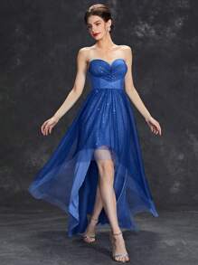 Glitter Tube Prom Dress With Mesh Dress Graduation Dress - Blue - View 1