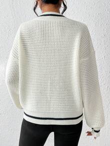 SHEIN Essnce Jersey ribete de rayas de hombros caídos - Beis - Ver 2