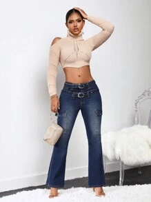 SHEIN Flap Pocket Flare Leg Jeans With Buckle Belt - Dark Wash - View 3
