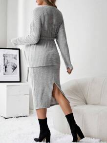 SHEIN Maternity Drop Shoulder Button Front Top & Adjustable Waist Skirt - Grey - View 2