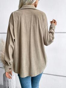 SHEIN LUNE Drop Shoulder Button Front Corduroy Shirt - Khaki - View 2