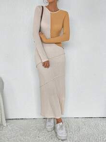 SHEIN Essnce Two Tone Waffle Knit Bodycon Dress - Multicolor - View 5