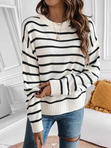 SHEIN Essnce Striped Pattern Drop Shoulder Sweater - Apricot - View 3