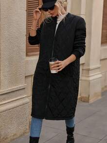 SHEIN Essnce 斜口袋绗缝夹棉大衣冬季 - 黑色 - 查看 5