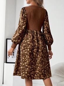 SHEIN Maternity Ditsy Floral Print Lantern Sleeve Dress - Brown - View 2