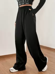 SHEIN EZwear Chất rắn Túi nghiêng quần ống rộng Quần thể thao - màu đen - Xem 5