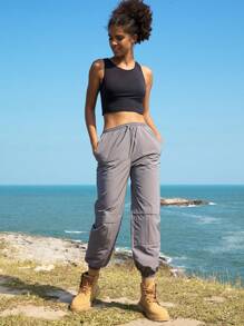 In My Nature Solid Drawstring Waist Outdoor Pants - Grey - View 4