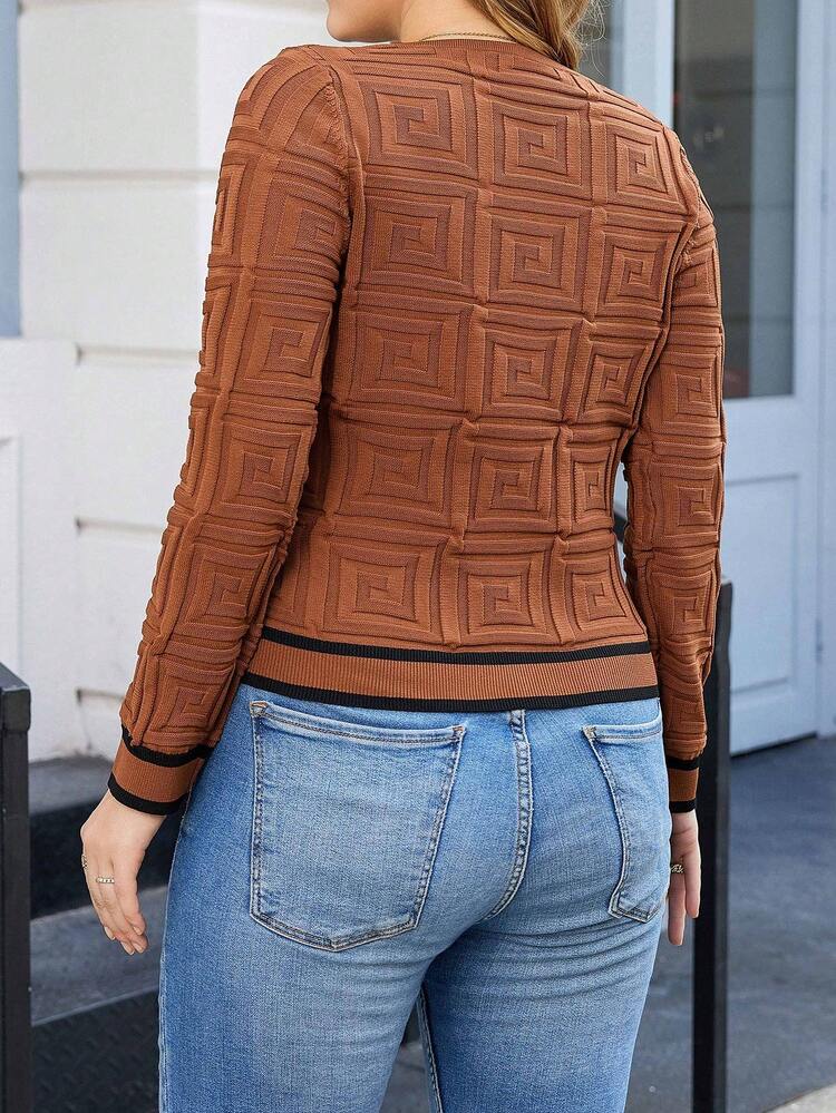 Plus Striped Trim Button Front Sweetheart Neck Sweater Knit Pullover Fall Winter Sweater