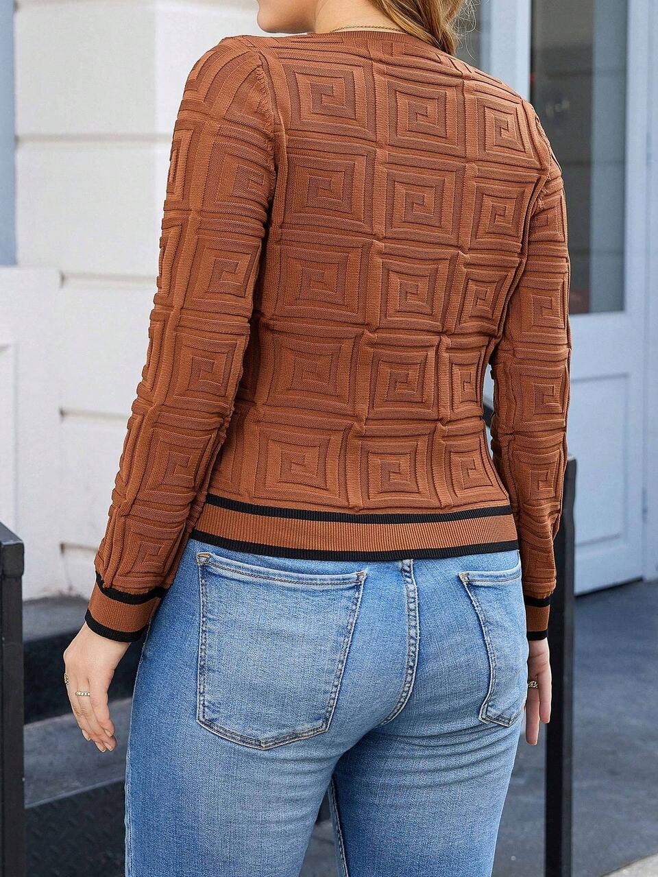 Plus Striped Trim Button Front Sweetheart Neck Sweater Knit Pullover Fall Winter Sweater