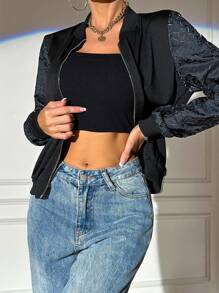 Chiquease Contrast Sleeve Zip Up Bomber Jacket - Black - View 4