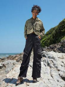 In My Nature Contrast Piping Zip Up Hooded Softshell Jacket - Olive Green - View 3