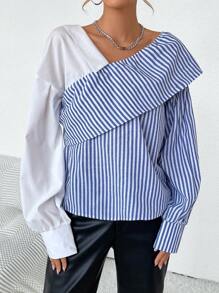 SHEIN Essnce 女士條紋不對稱領口拼接襯衫 - 藍白色 - 查看 3
