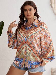 SHEIN VCAY Plus Scarf Print Lantern Sleeve Blouse - Multicolor - View 1