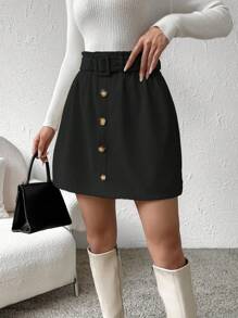 Pariaura Paperbag Waist Button Front Belted Skirt - Black - View 6