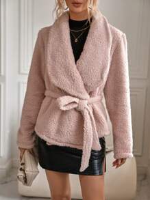 SHEIN Clasi 大翻領腰帶絨毛外套 - 淺粉色 - 查看 6