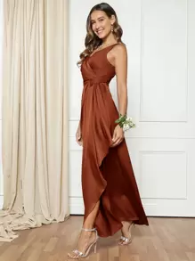 SHEIN Belle 素色荷葉邊圍裹下擺緞面洋裝