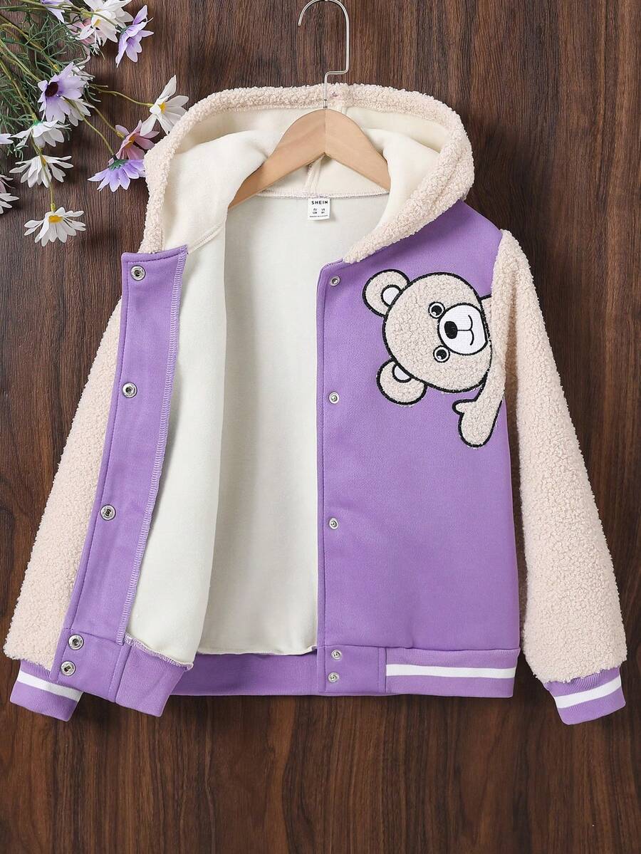 SHEIN Chica preadolescente Cazadora con bordado de oso ribete de rayas
